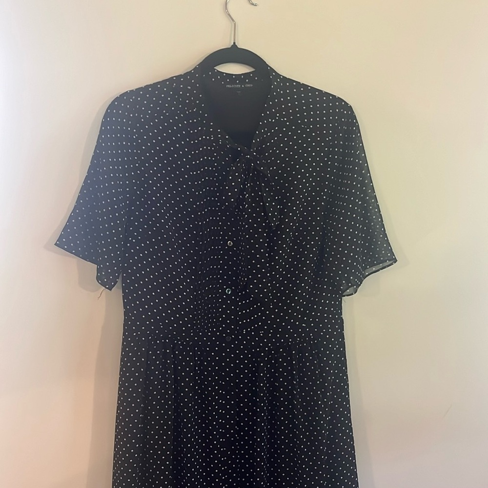Felicity & Coco Women L Black Short Sleeve Button Up Polka Dot A-Line Dress